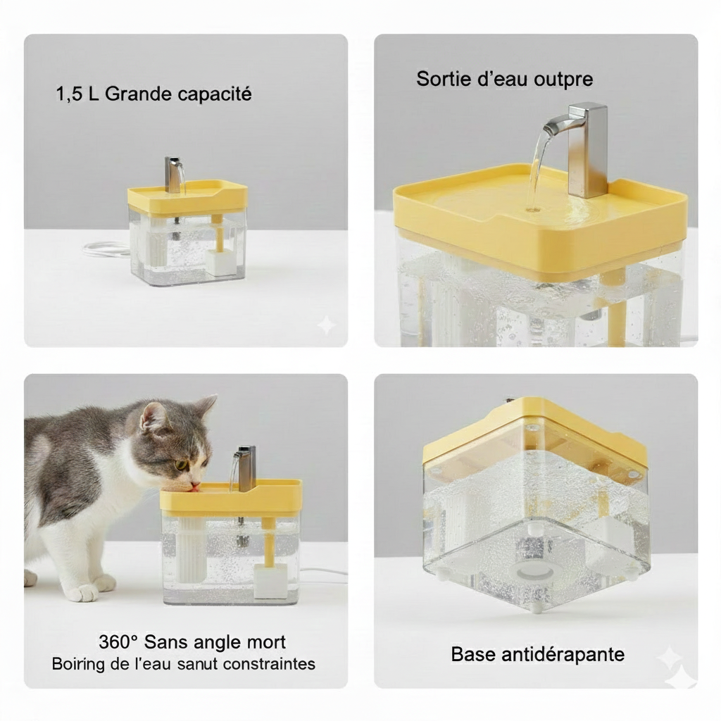 Fontaine à eau automatique pour chat 1,5 L – Hydratation continue par circulation filtrée