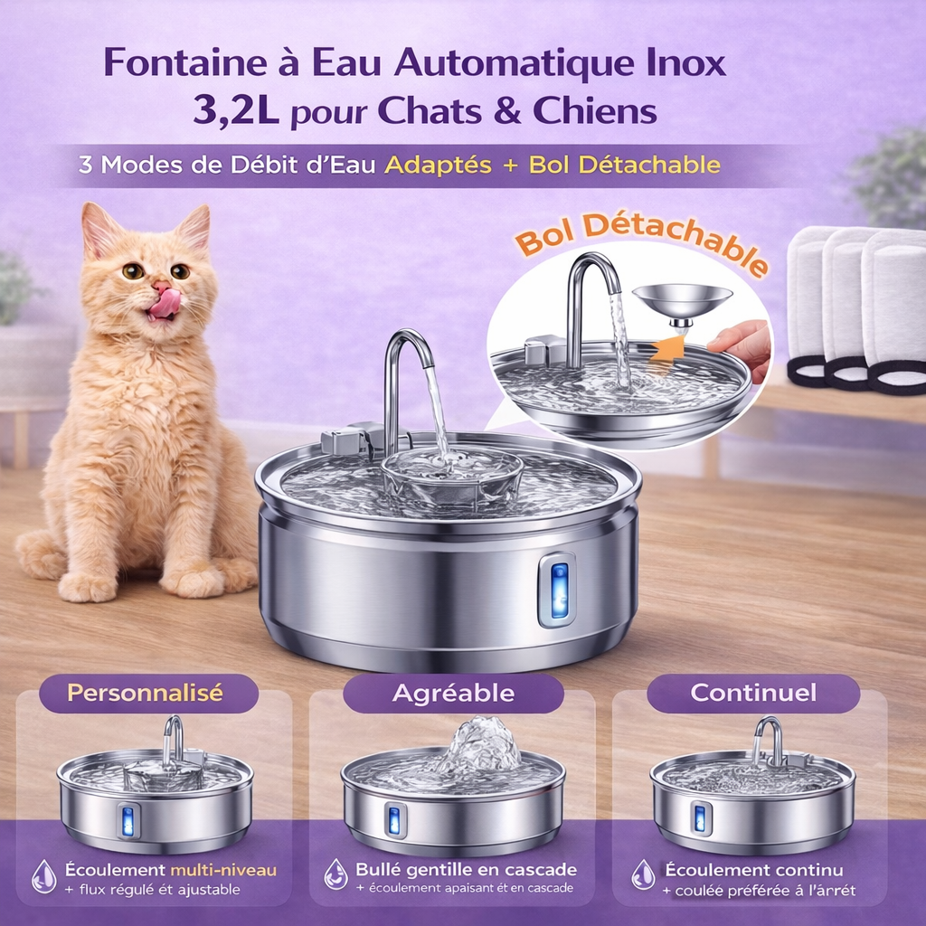 Fontaine à eau automatique inox 3,2 L pour chats et chiens + 4 filtres – Distributeur silencieux, facile à nettoyer