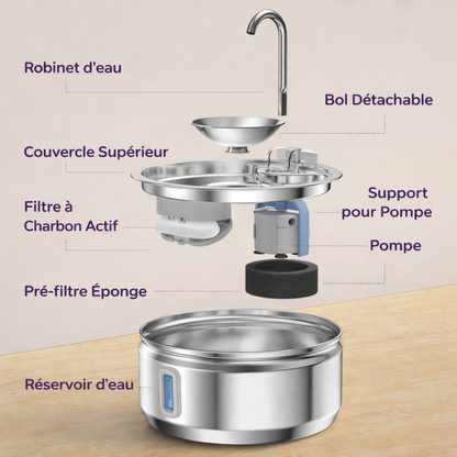 Fontaine à eau automatique inox 3,2 L pour chats et chiens + 4 filtres – Distributeur silencieux, facile à nettoyer