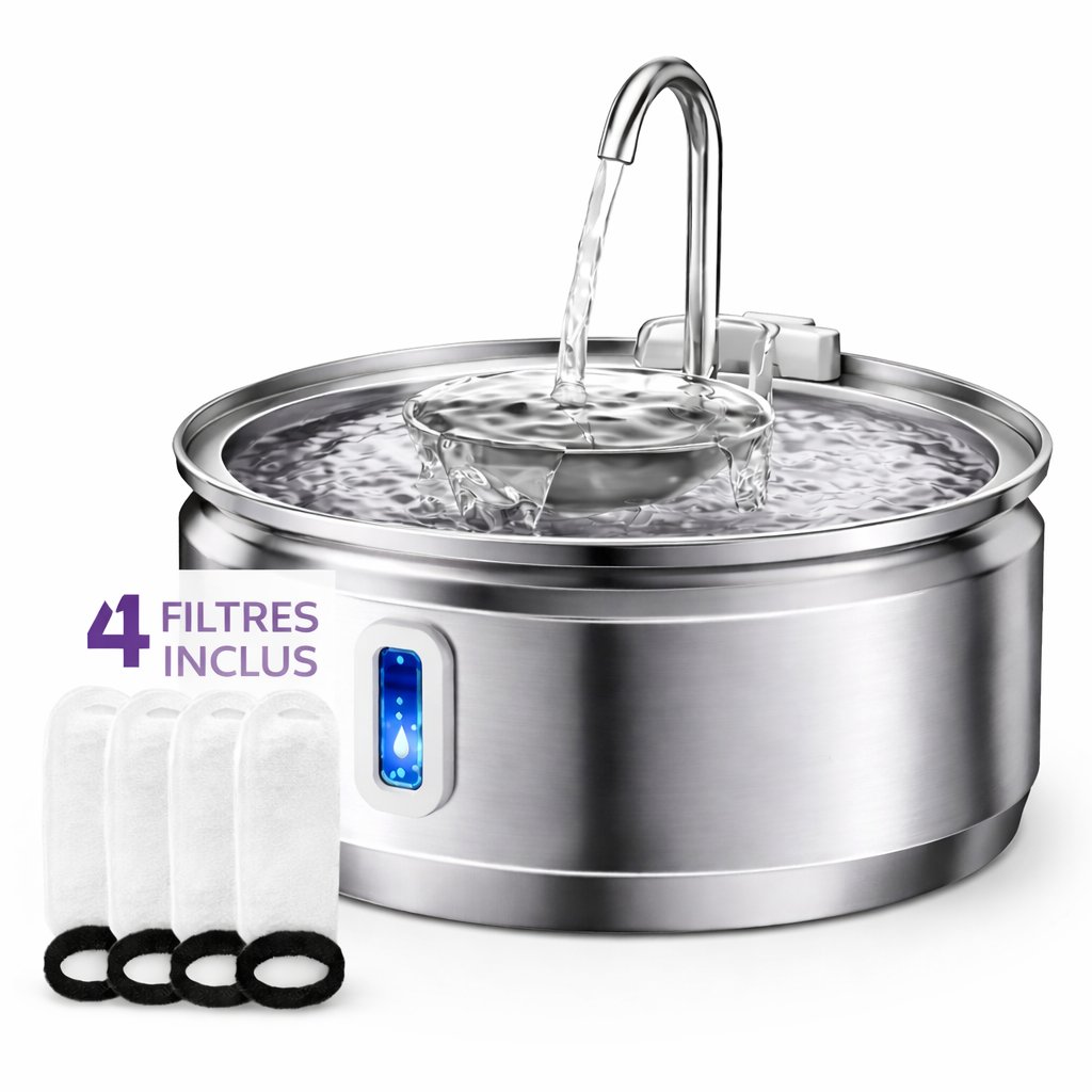 Fontaine à eau automatique inox 3,2 L pour chats et chiens + 4 filtres – Distributeur silencieux, facile à nettoyer