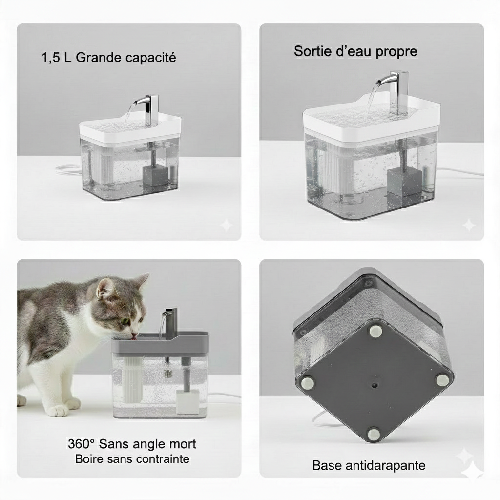 Fontaine à eau automatique pour chat 1,5 L – Hydratation continue par circulation filtrée