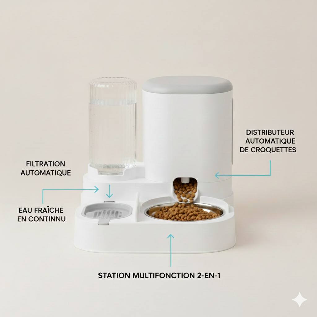 Distributeur automatique eau & croquettes pour chat – Pack repas 2-en-1 Chat’eau