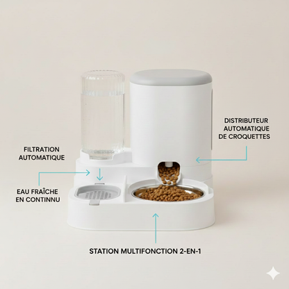 Distributeur automatique eau & croquettes pour chat – Pack repas 2-en-1 Chat’eau