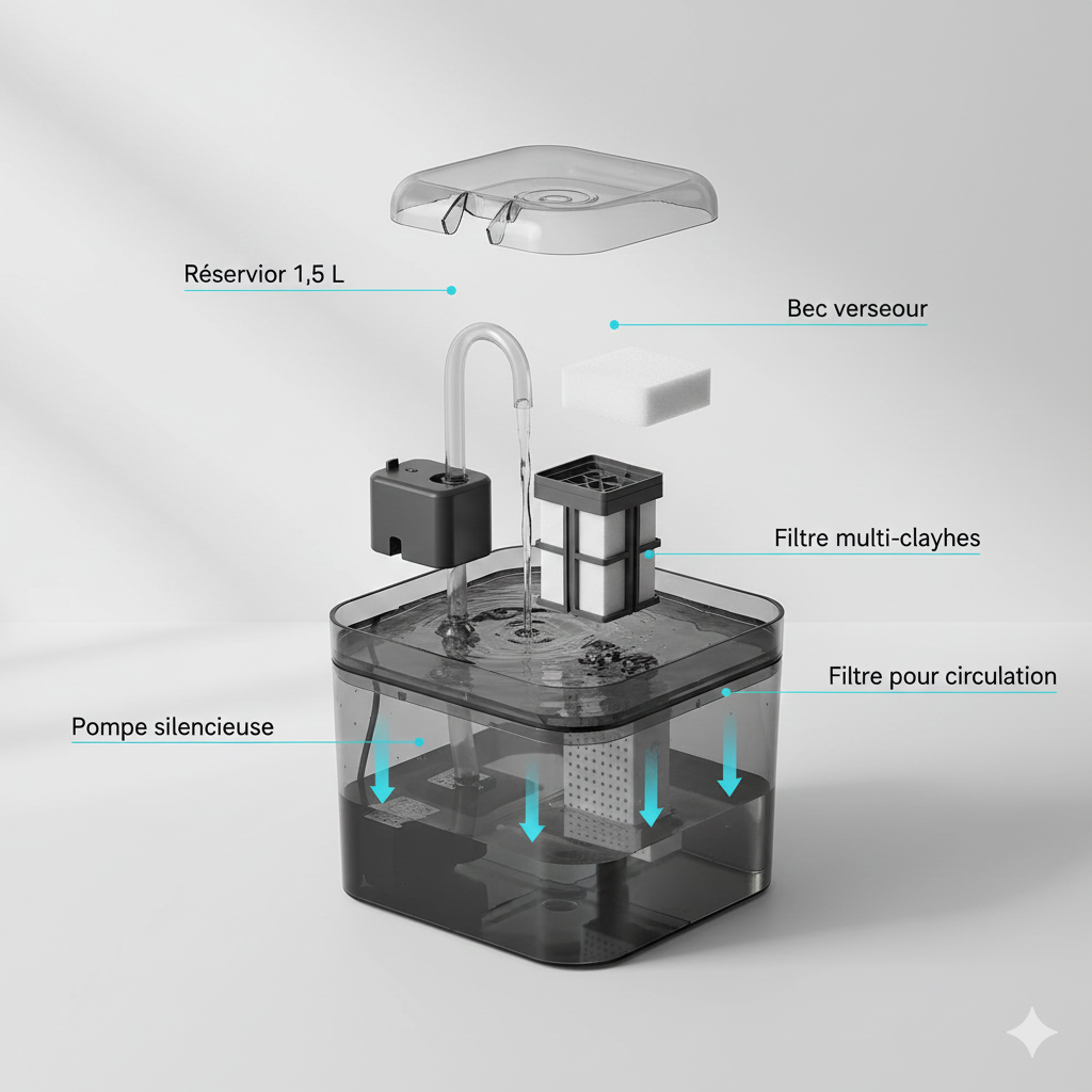 Fontaine à eau automatique pour chat 1,5 L – Eau filtrée en circulation continue