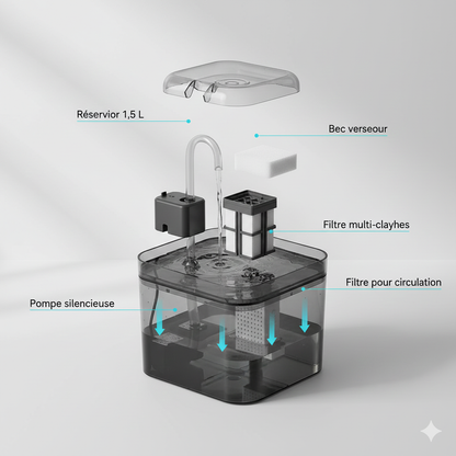 Fontaine à eau automatique pour chat 1,5 L – Eau filtrée en circulation continue