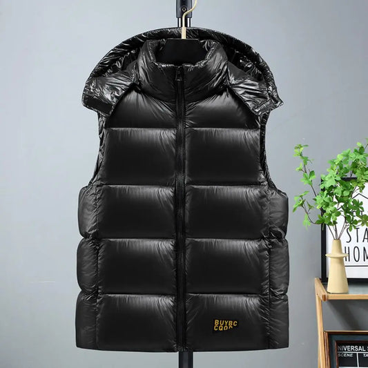 Gilet à Capuche Sans Manches pour Homme – Coton Rembourré, Hiver, Noir & Doré