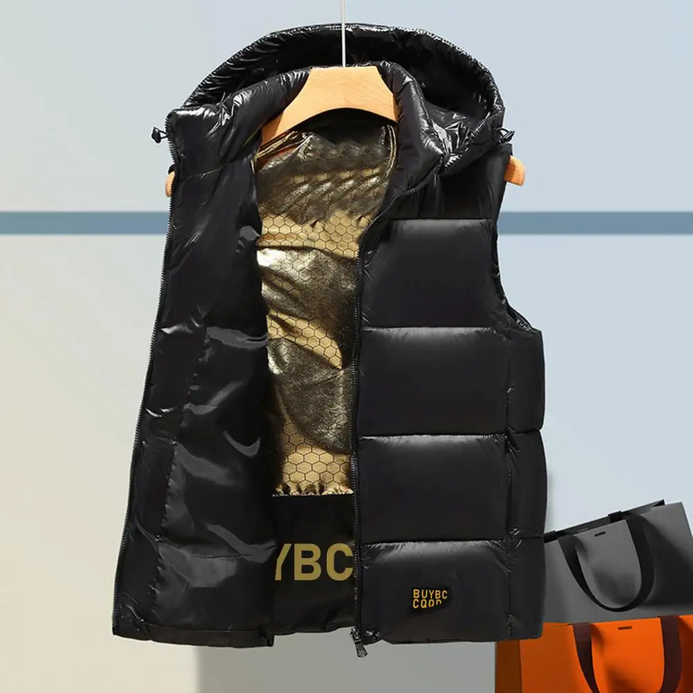 Gilet à Capuche Sans Manches pour Homme – Coton Rembourré, Hiver, Noir & Doré