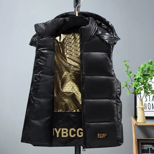 Gilet à Capuche Sans Manches pour Homme – Coton Rembourré, Hiver, Noir & Doré